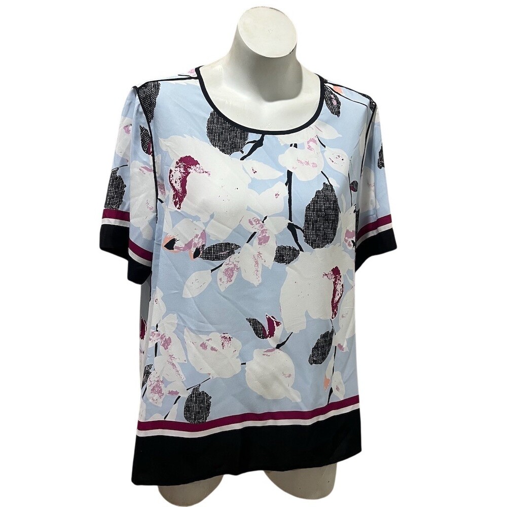 DKNY Blouse Womens Size XL Light Blue Floral Tunic Short Sleeve Keyhole